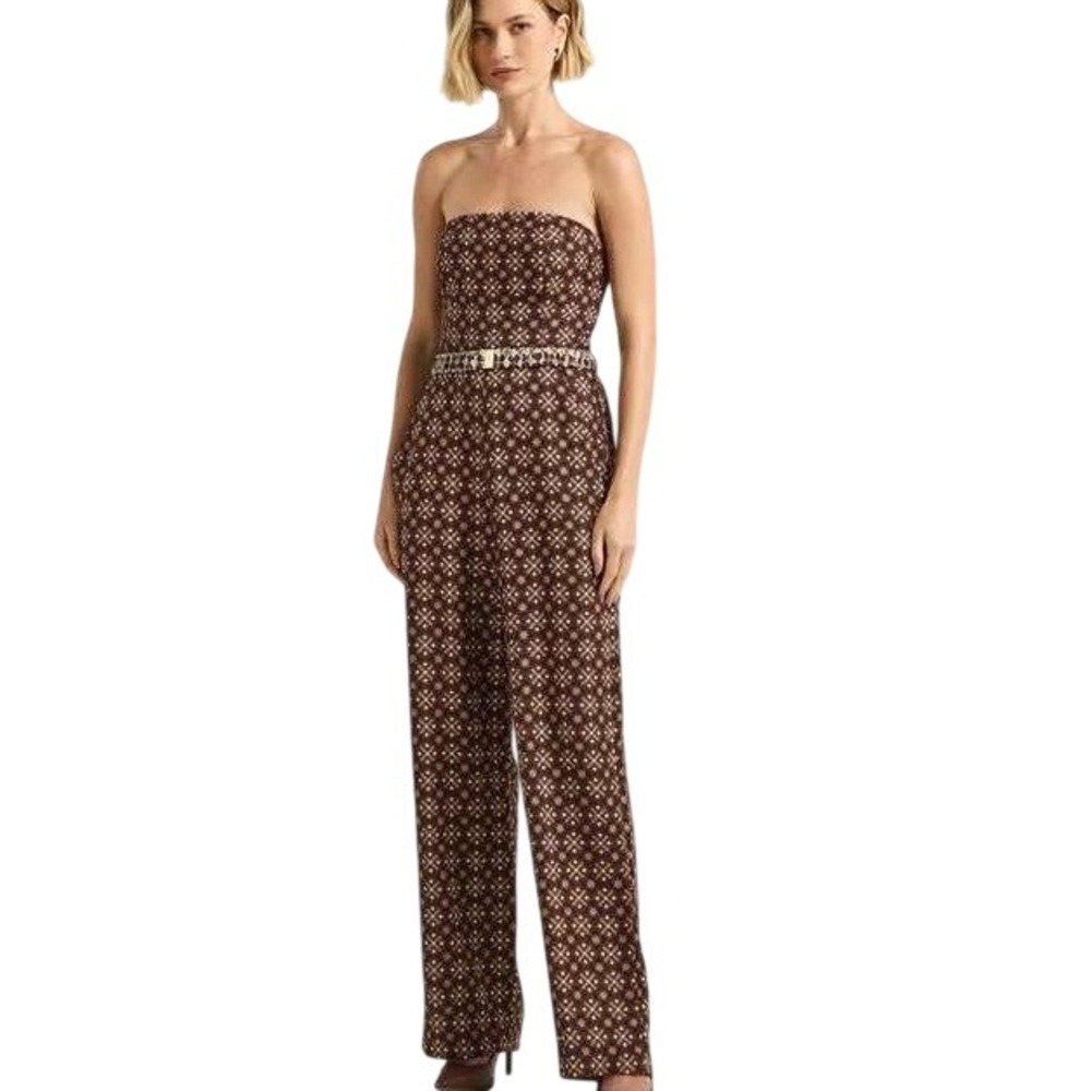 Womens Strapless Floral Medallion Jumpsuit Brown Cream Elastic Waist Medium